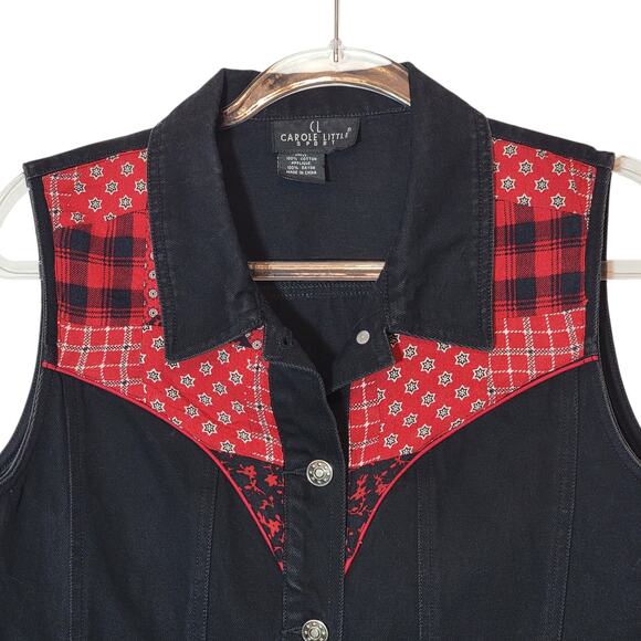 Carole Little Sport Red Black Patchwork Sleeveless Denim Button Down Vest Size L - Picture 3 of 9